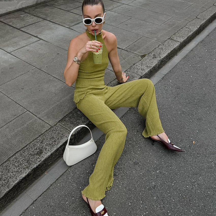 Green Sleeveless Halter Wide Leg Pants Set