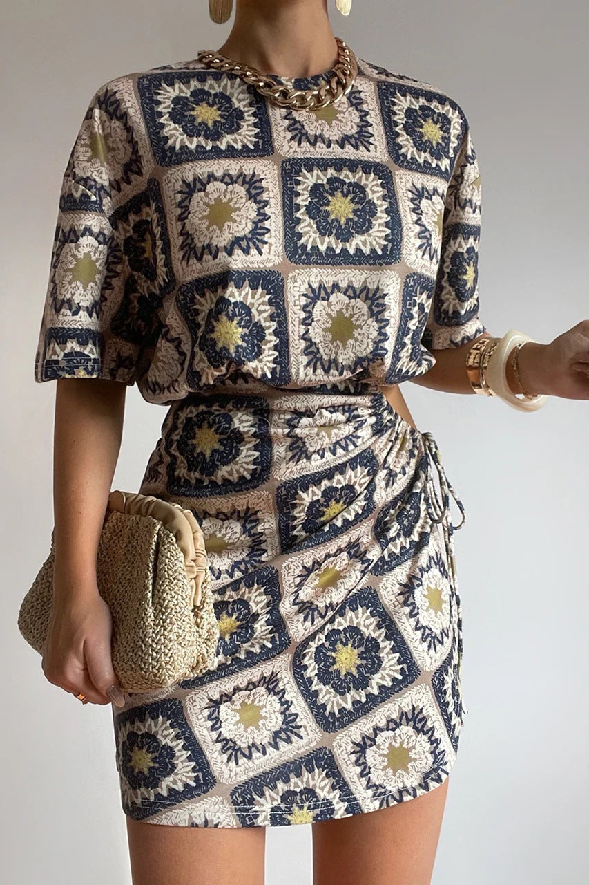 Summer Personalized Printed Waist Drawstring Sexy Sheath Mini Dress