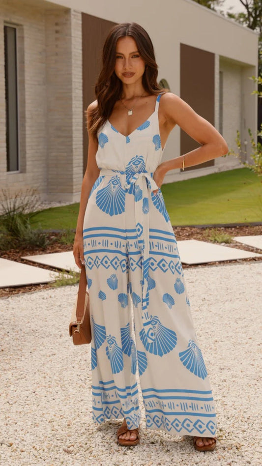 Summer Positioning Printed V neck Lace up Wide Leg Straight Sling Jumpsuit