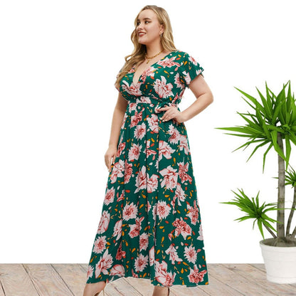 Plus Size Short Sleeve Floral Print Slit Dress