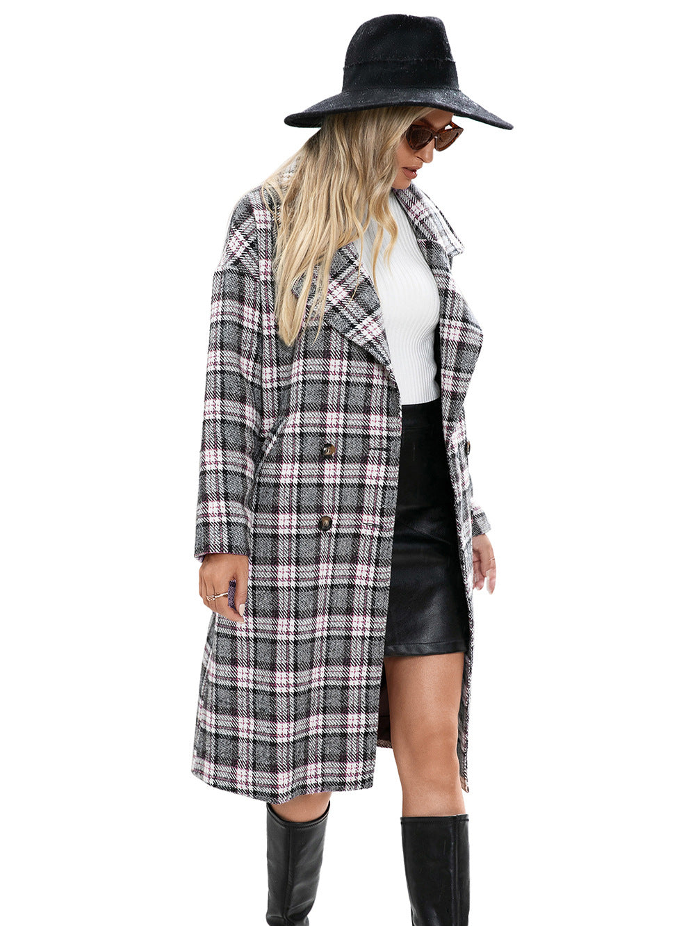 Houndstooth Woolen Plaid Trench Coat