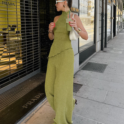 Green Sleeveless Halter Wide Leg Pants Set