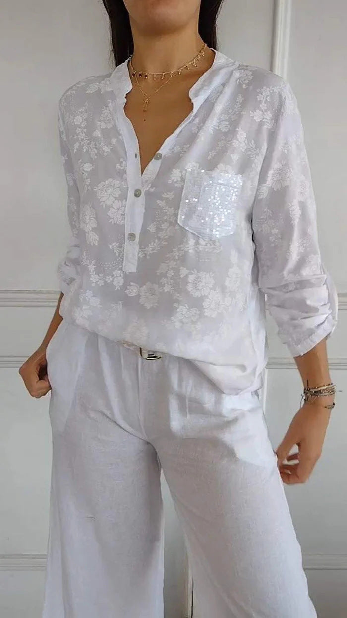 Spring Loose Casual Long Sleeves Printed Sequined Pocket Shirt