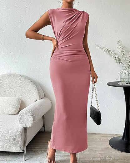 Sleeveless Back Slit Pleated Tight Dress