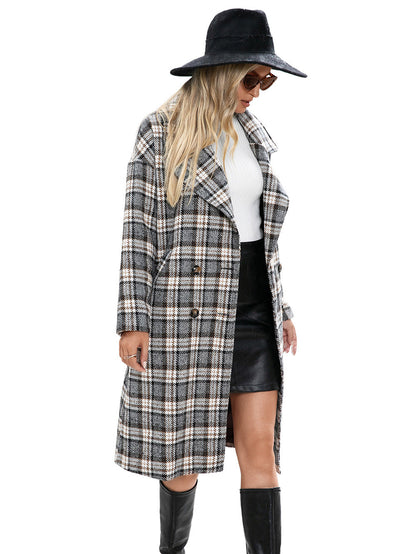 Houndstooth Woolen Plaid Trench Coat