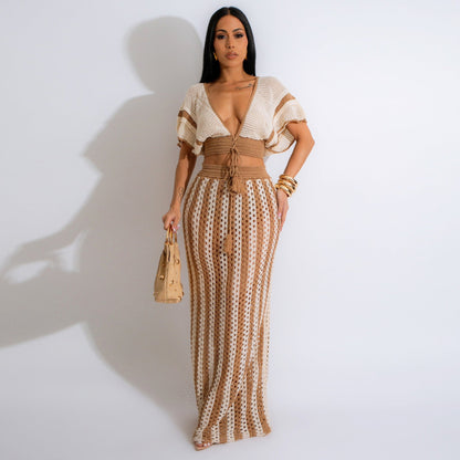 Cutout Striped Knitted Women Skirt Set