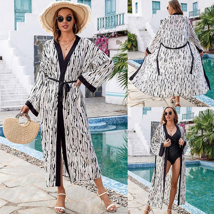Black Edged Rayon Printed Beach Cover Up Sexy Cardigan Loose Bikini Cover