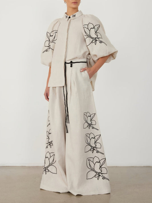 Floral Embroidered Wide Leg Pants Set
