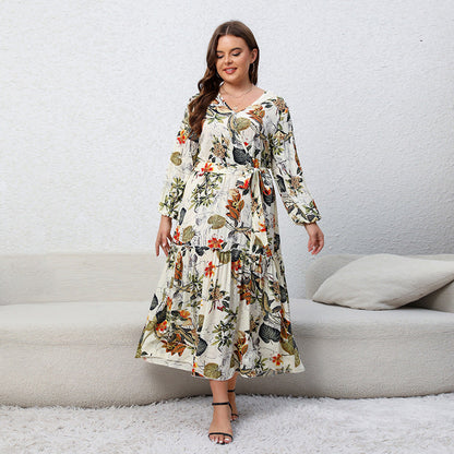 Plus Size Dress Printed V neck Long Sleeve Floral Dress