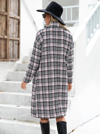 Houndstooth Woolen Plaid Trench Coat