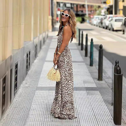Leopard Print Printed V neck Halter Backless Cami Dress