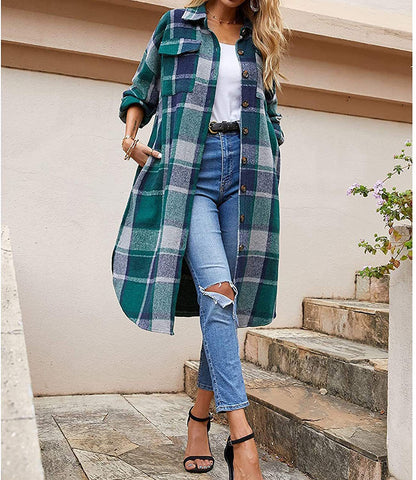 Plaid Woolen Slim Long Coat