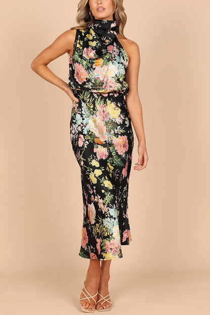 Sleeveless Halter Printed Satin Dress