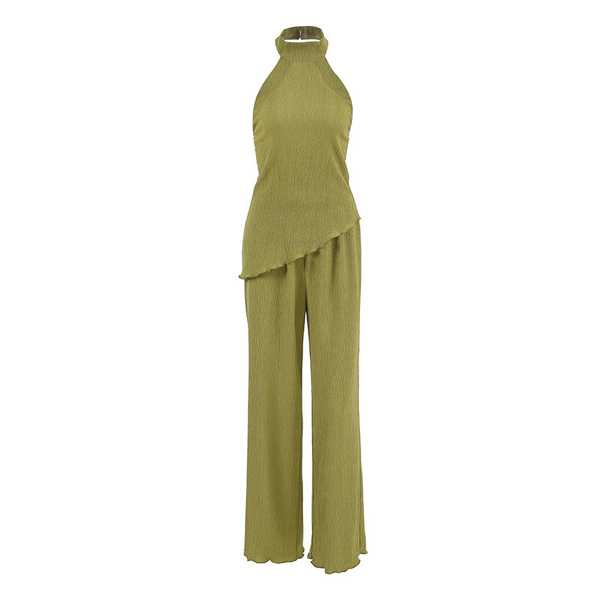 Green Sleeveless Halter Wide Leg Pants Set