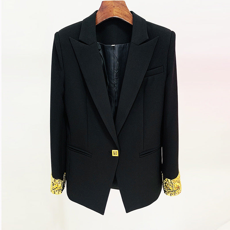 Embellished Beaded Cuffs One Button Mid-Length Blazer
