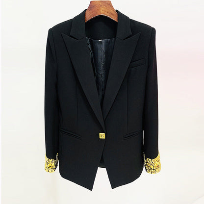 Embellished Beaded Cuffs One Button Mid-Length Blazer