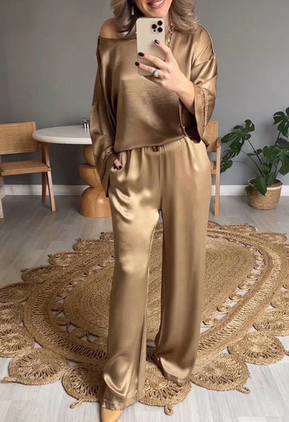 Versatile Satin Casual Long Sleeve Relax Fit Set