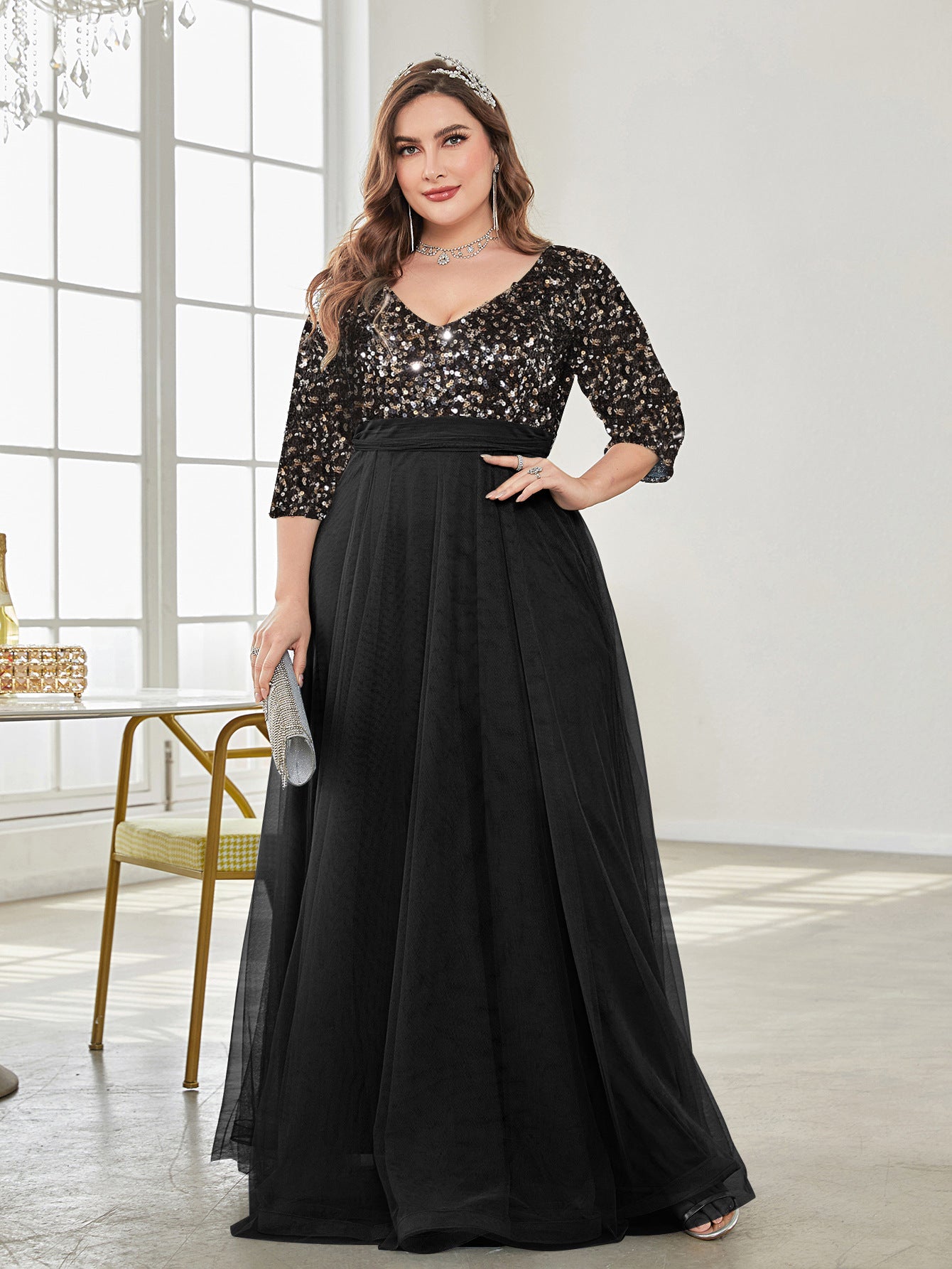 Plus Size V Neck Short Sleeve Sequined Tulle A line Evening Dress Party Dress