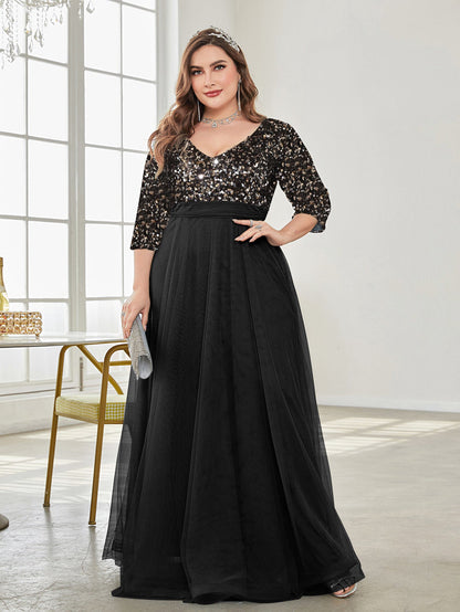 Plus Size V Neck Short Sleeve Sequined Tulle A line Evening Dress Party Dress