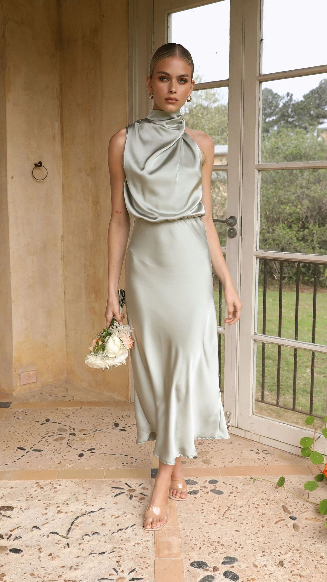 Sleeveless Halter Solid Color Satin Dress