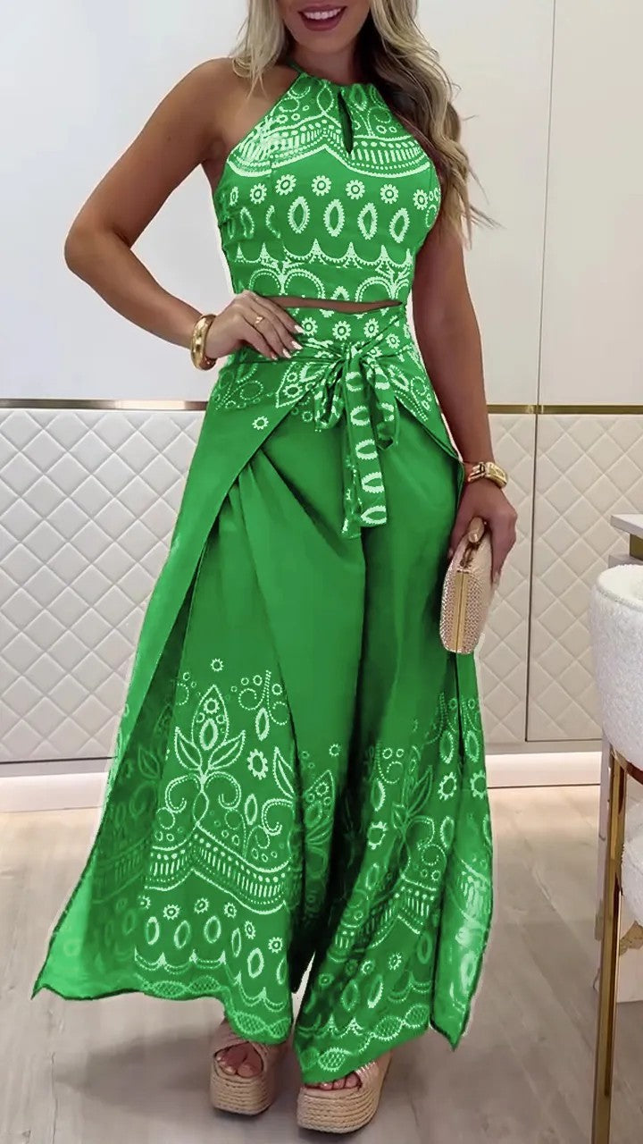 Boho Halter Top & Wide Leg Pants Two Piece Sets