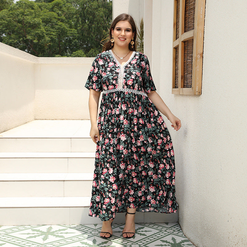 Plus Size V neck Printed Dress Day to Night