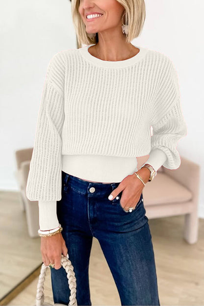 4 Colors Crewneck Back Cut Out Splice Knitting Sweater Off-white