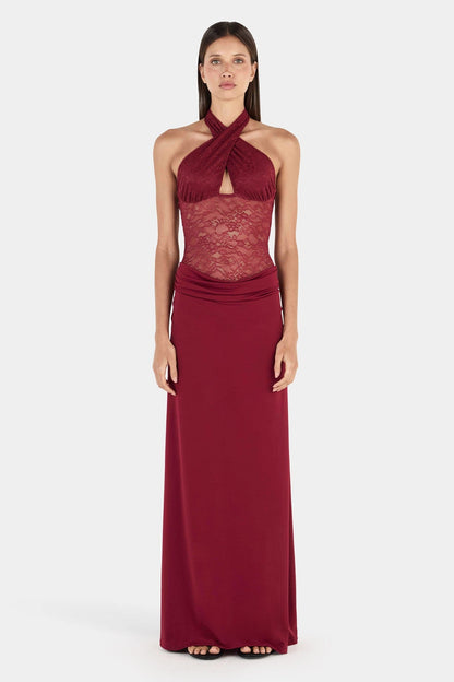 Lace Splicing Jersey See-Through Maxi Dress