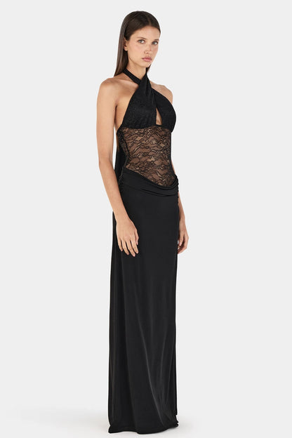 Lace Splicing Jersey See-Through Maxi Dress