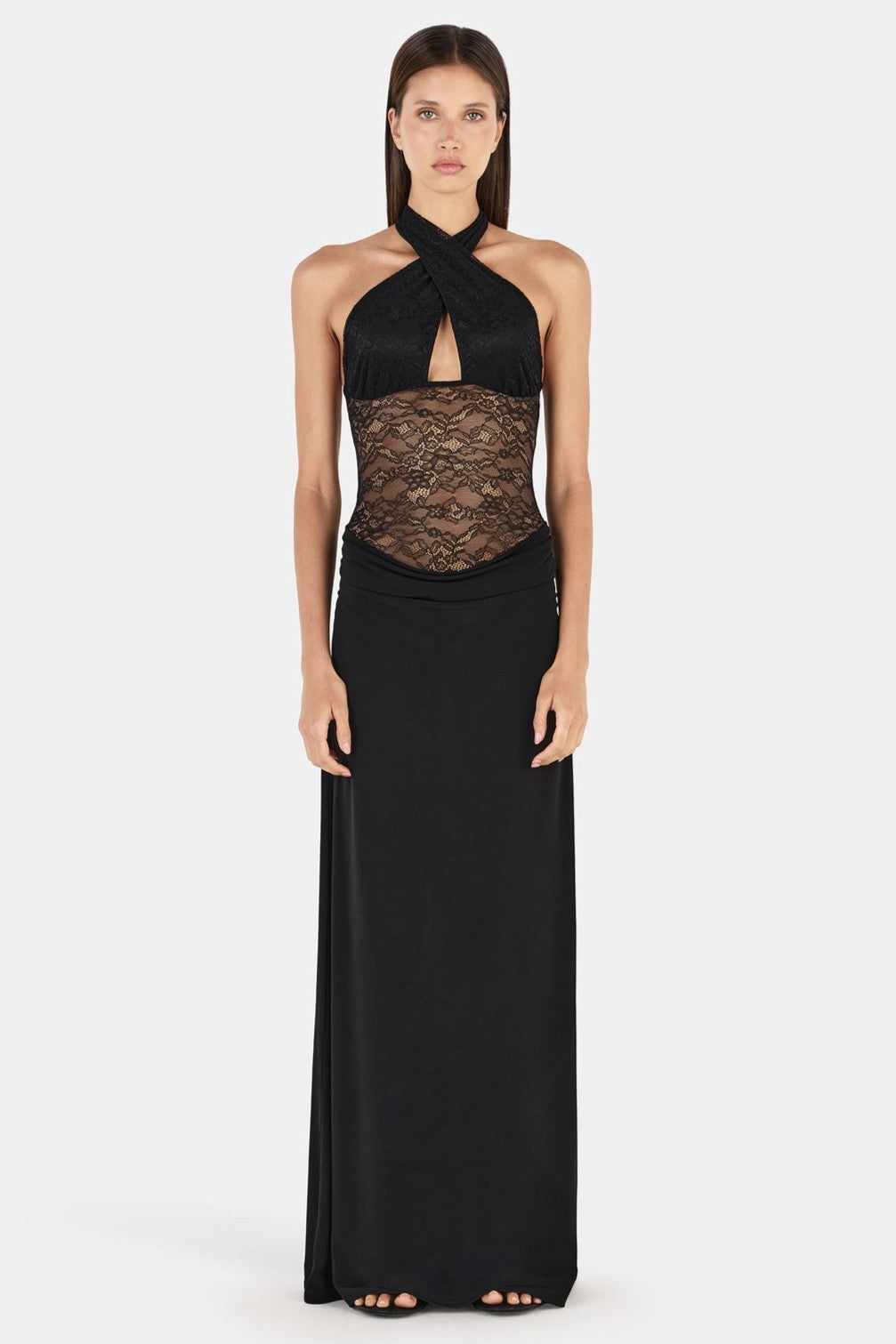 Lace Splicing Jersey See-Through Maxi Dress