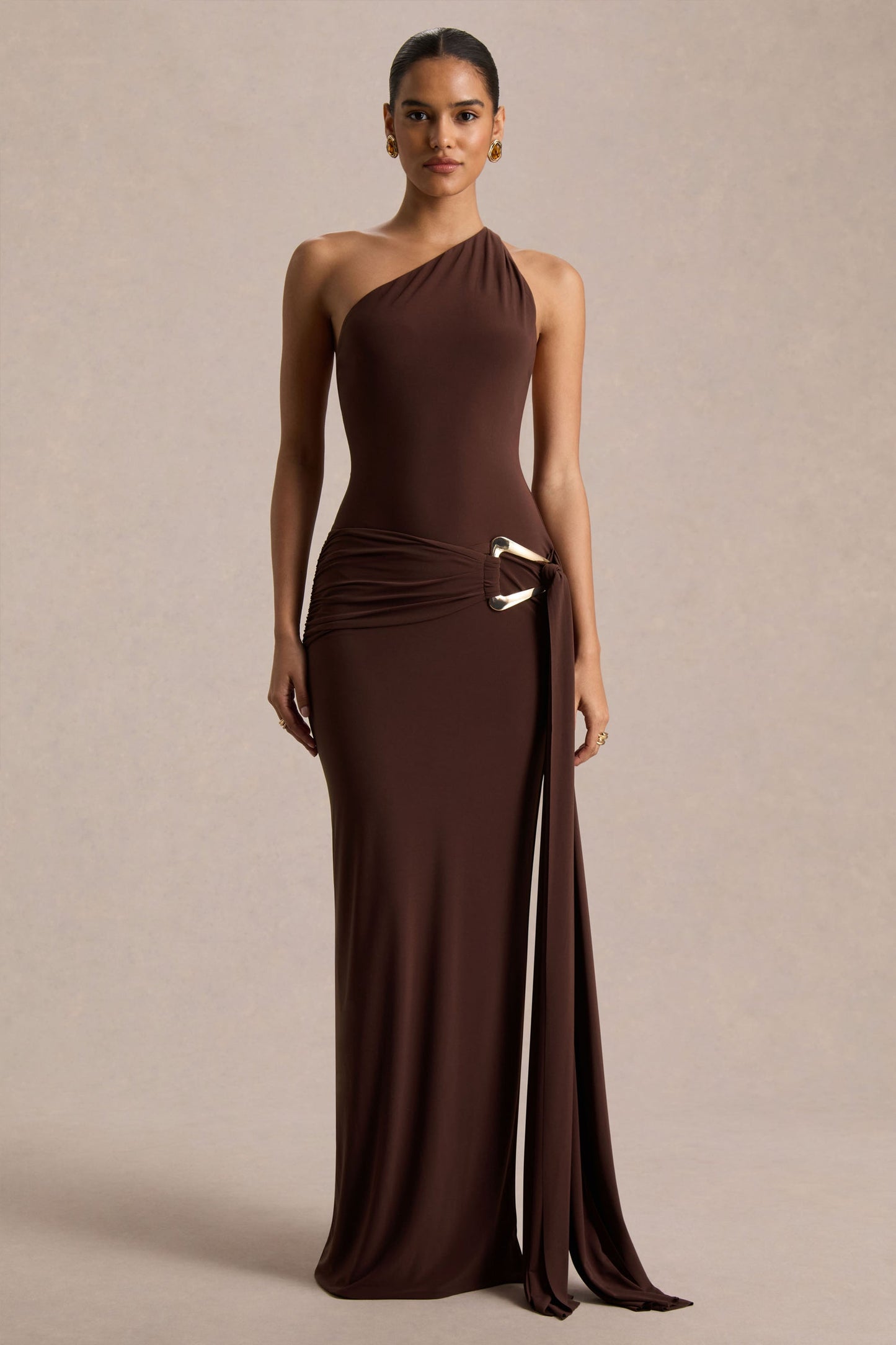 Jersey Metal Buckle Ruched Sash One Shoulder Maxi Dress