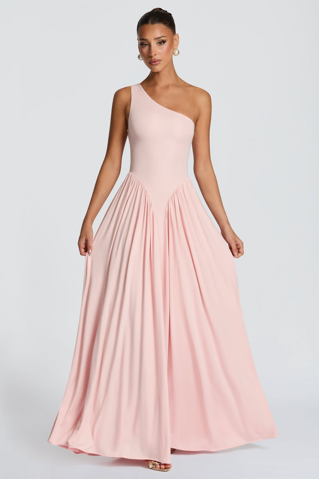 Jersey One Shoulder Gathered Maxi Dress