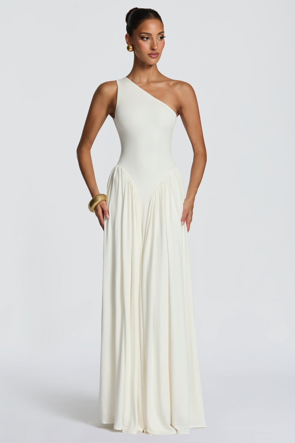 Jersey One Shoulder Gathered Maxi Dress