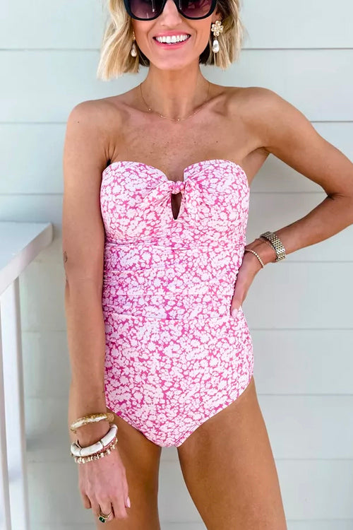 Tie Knot Front Strapless Printed One-piece Swimsuit