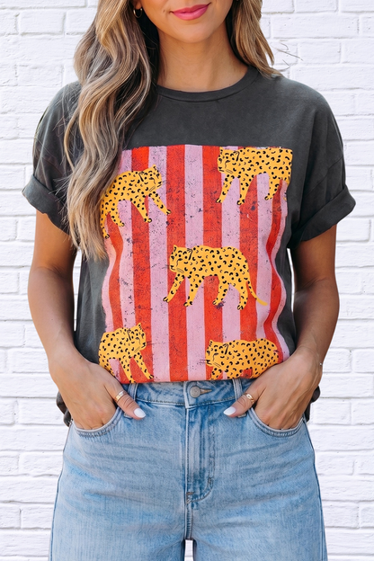 Cheetah Striped Print Retro Graphic Tee for Women