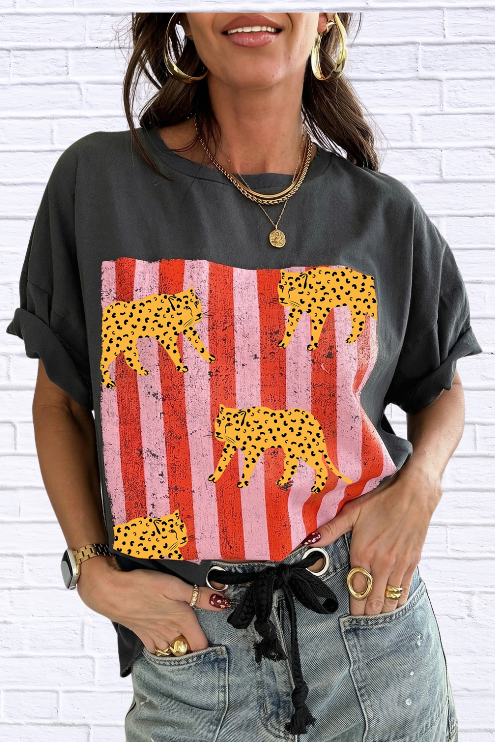 Cheetah Striped Print Retro Graphic Tee for Women