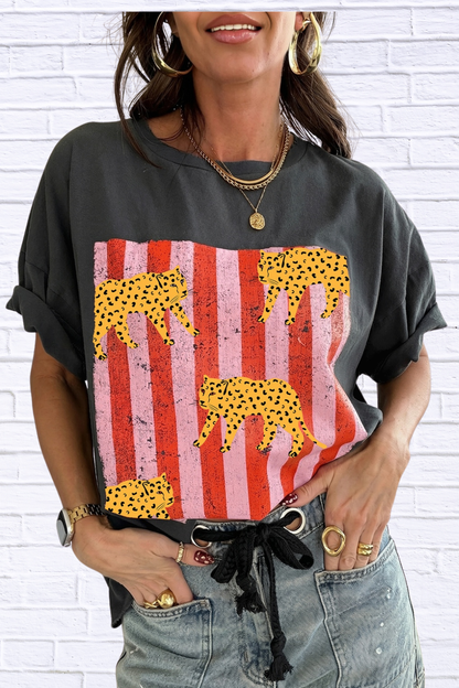 Cheetah Striped Print Retro Graphic Tee for Women