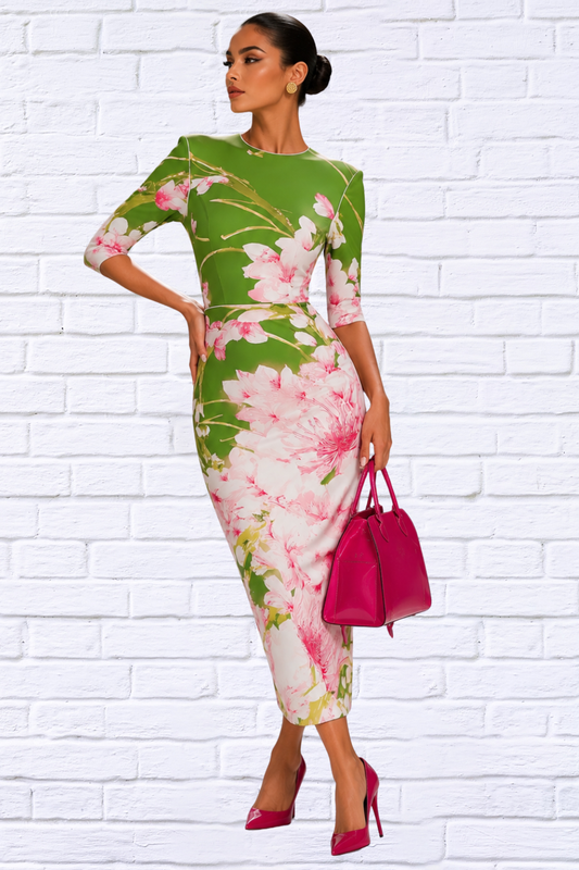 Green Floral Midi Dress for Women | Elegant Occasion Dress