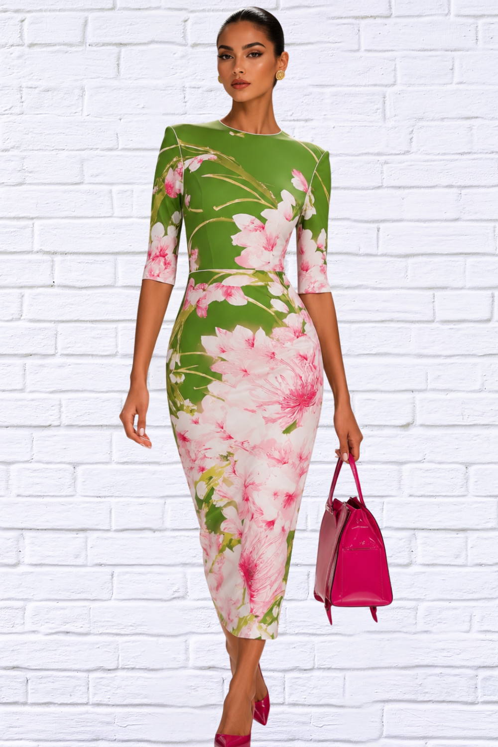 Green Floral Midi Dress for Women | Elegant Occasion Dress