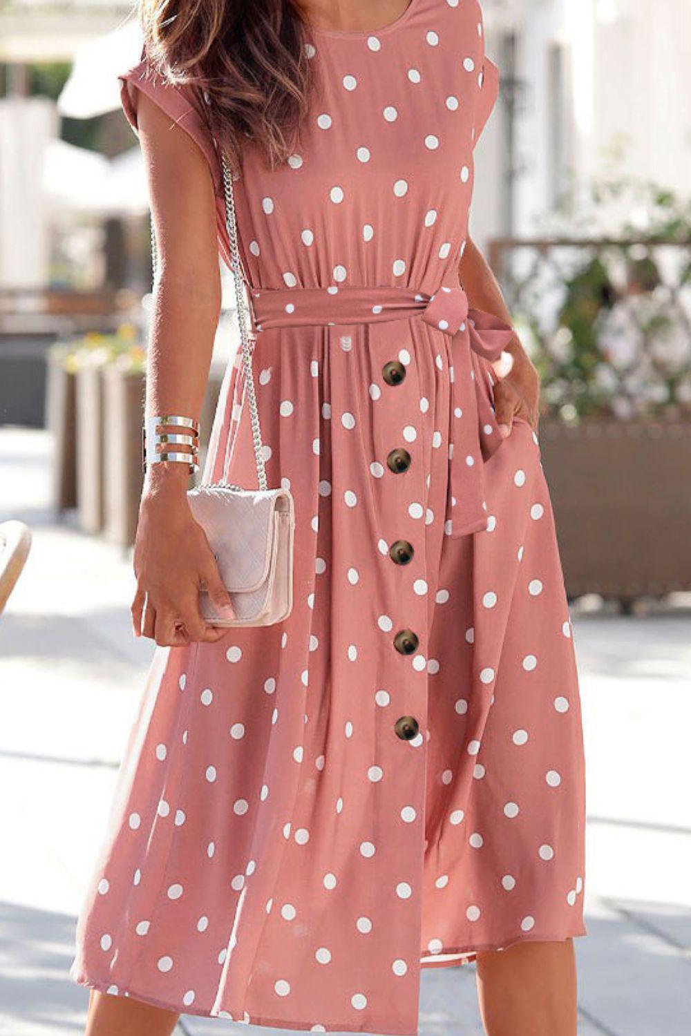 Blue Zone Planet | Polka Dot Round Neck Dress with Pockets