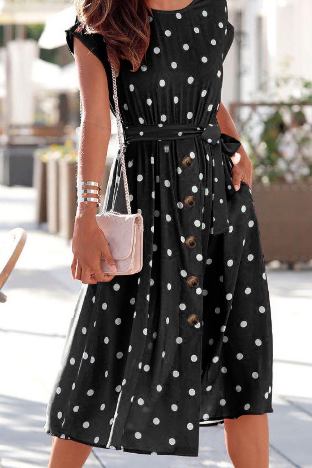 Blue Zone Planet | Polka Dot Round Neck Dress with Pockets