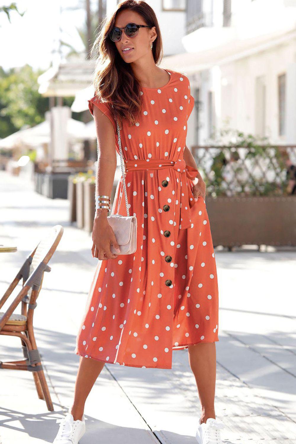 Blue Zone Planet | Polka Dot Round Neck Dress with Pockets