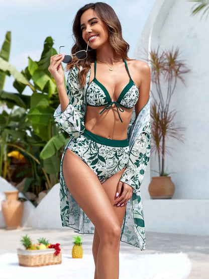 Blue Zone Planet | Printed Halter Neck Three-Piece Swim Set