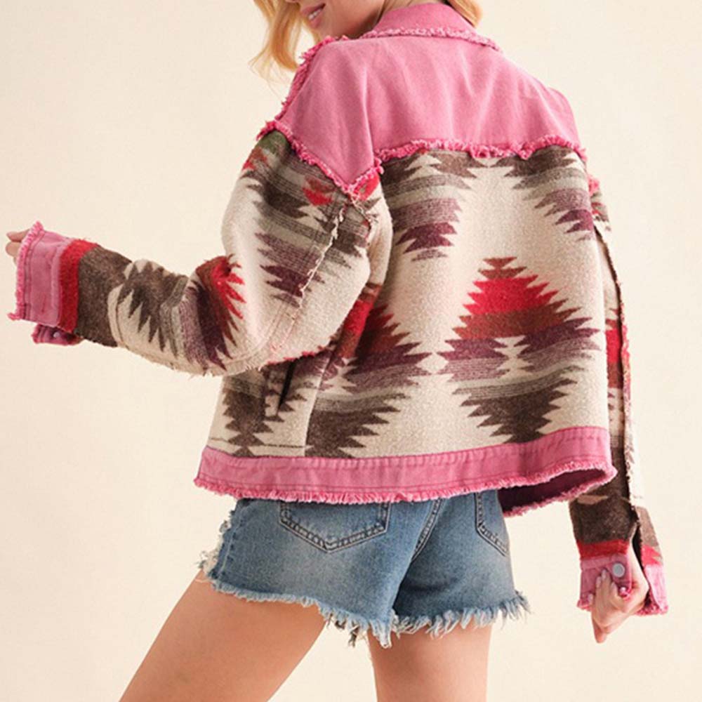 Blue Zone Planet | Printed Raw Hem Dropped Shoulder Denim Jacket