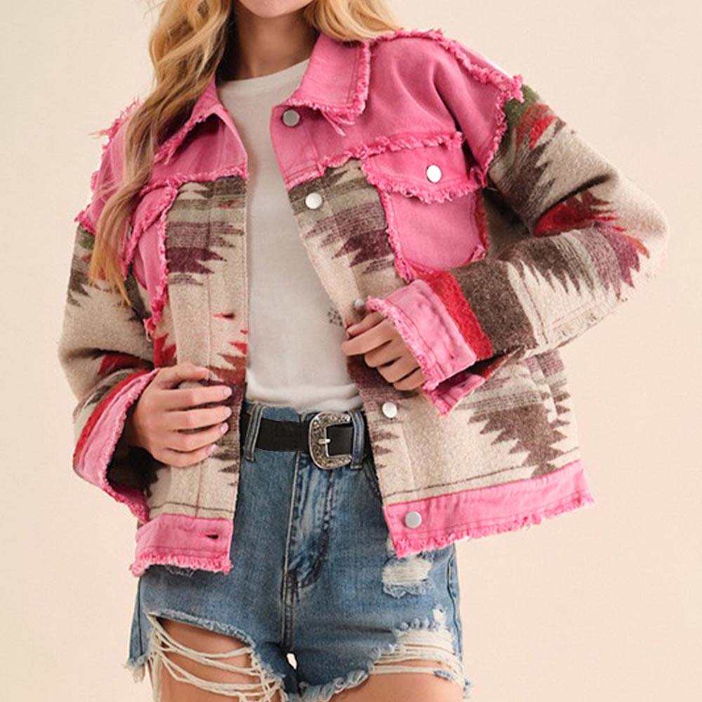 Blue Zone Planet | Printed Raw Hem Dropped Shoulder Denim Jacket