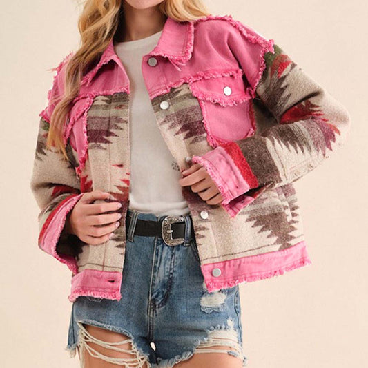 Blue Zone Planet | Printed Raw Hem Dropped Shoulder Denim Jacket