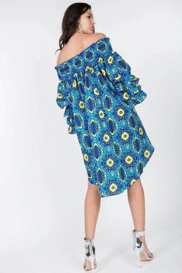 Puffy Ruffle Sleeve Smocking Off Shoulder Print Midi Dress