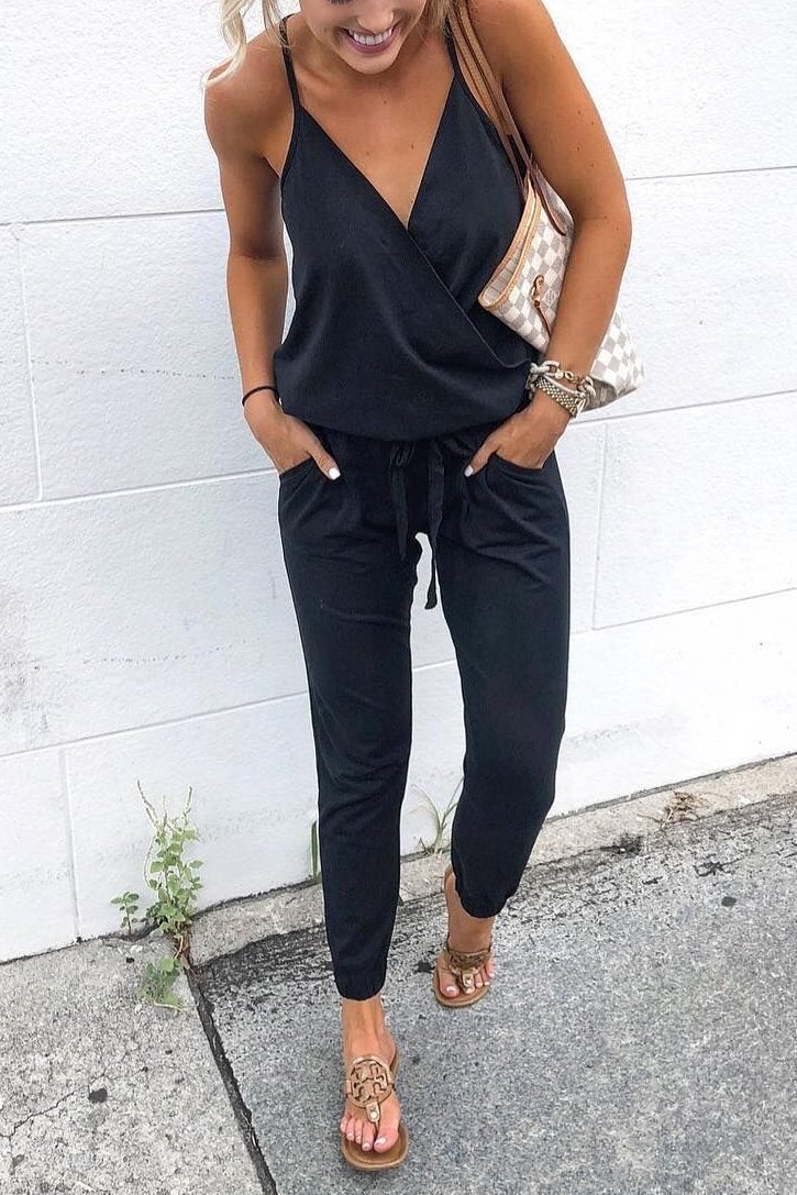 Rosiedress Cross V Neck Drawstring Cami Jumpsuits Black