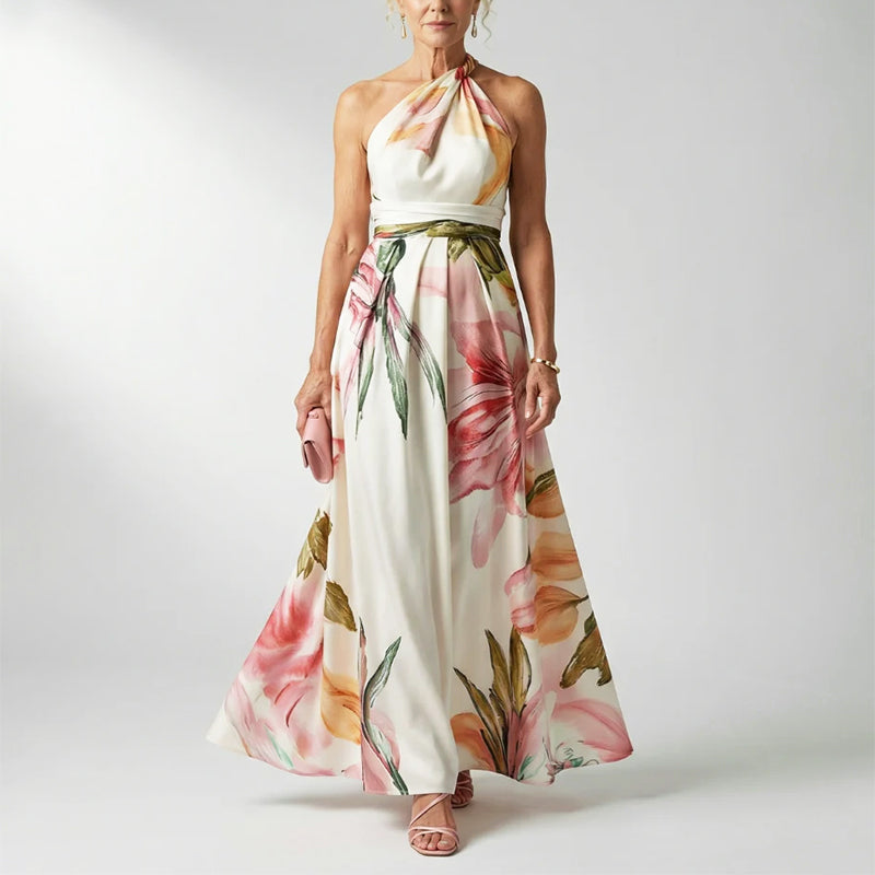 Quinn - Women’s Draped Halter Floral Evening Dress