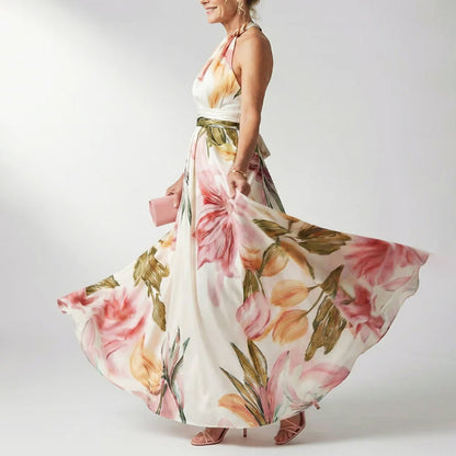 Quinn - Women’s Draped Halter Floral Evening Dress